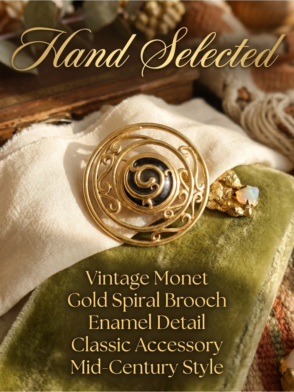 Vintage Monet Gold Spiral Brooch with Black Enamel Center